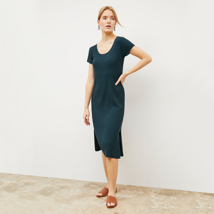 Front image of a woman wearing the Danica Dress - Geo Micro Knit in Deep Sea | Lead