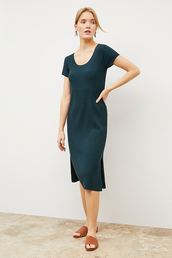 Front image of a woman wearing the Danica Dress - Geo Micro Knit in Deep Sea | Grid | Exclude