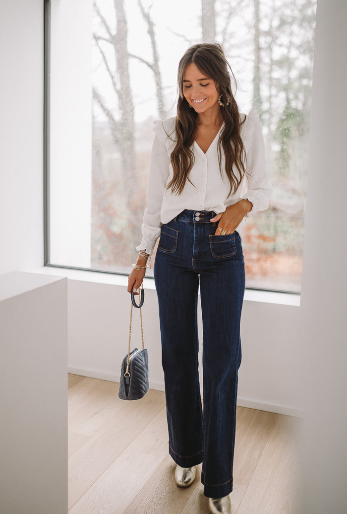 Dark blue Hugues flared jeans side view