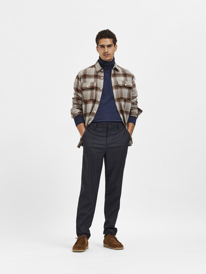 Dark Blue Mid Rise Check Slim Trousers