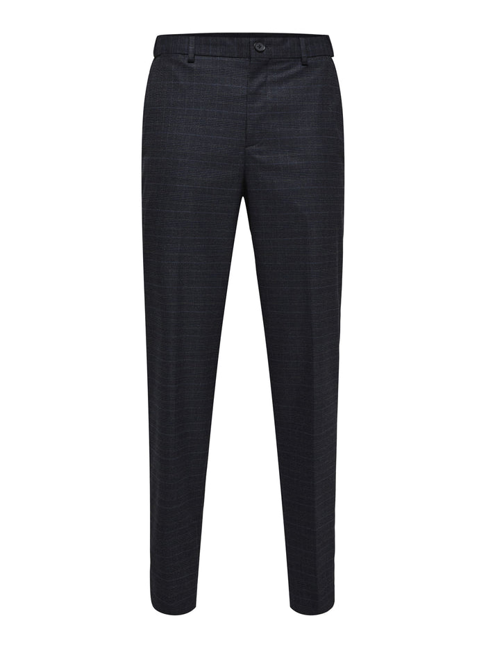 Dark Blue Mid Rise Check Slim Trousers