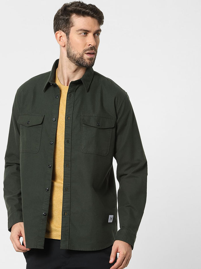 Dark Green Organic Cotton Full Sleeves Overshirt