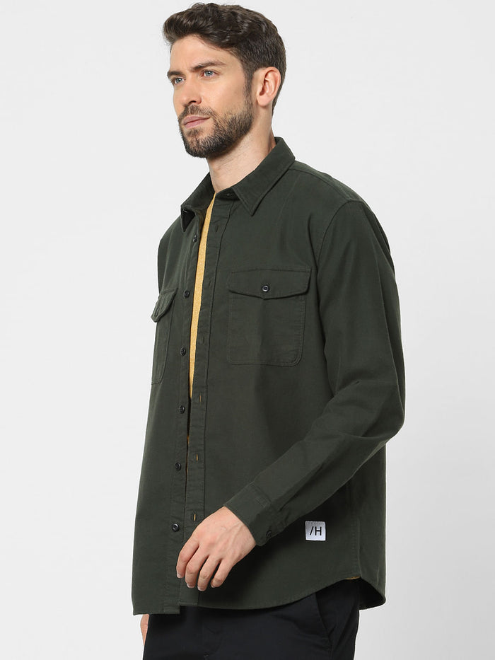 Dark Green Organic Cotton Full Sleeves Overshirt