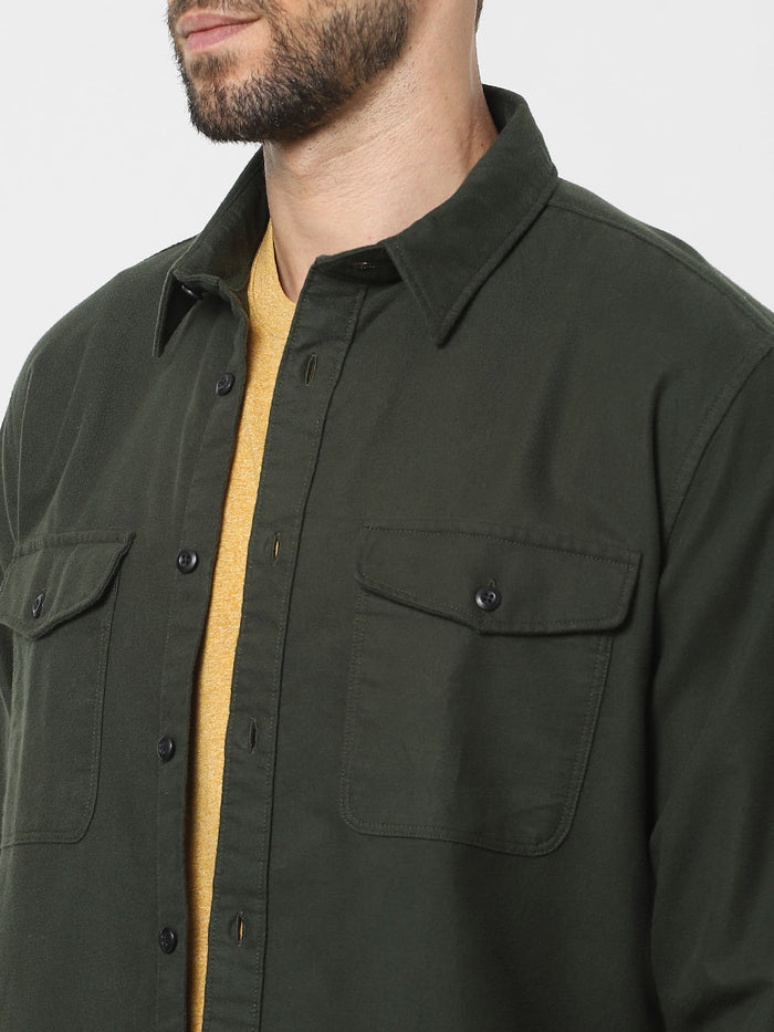 Dark Green Organic Cotton Full Sleeves Overshirt