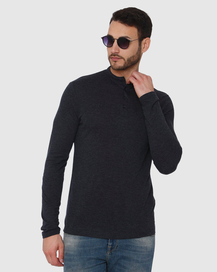 Dark Grey Henley Neck Full Sleeves T-Shirt