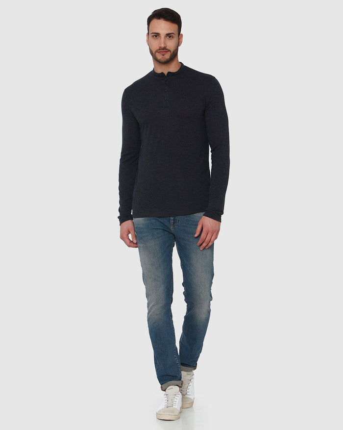 Dark Grey Henley Neck Full Sleeves T-Shirt