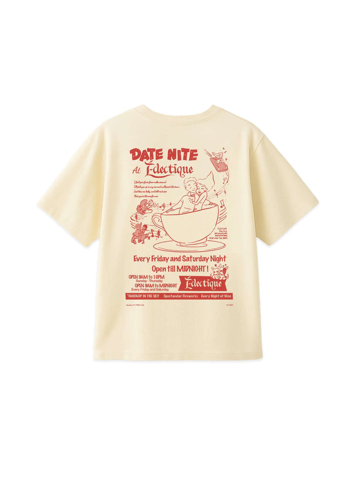 Cream graphic T-shirt featuring Date Night artwork on back and relaxed fit from Éclectique.