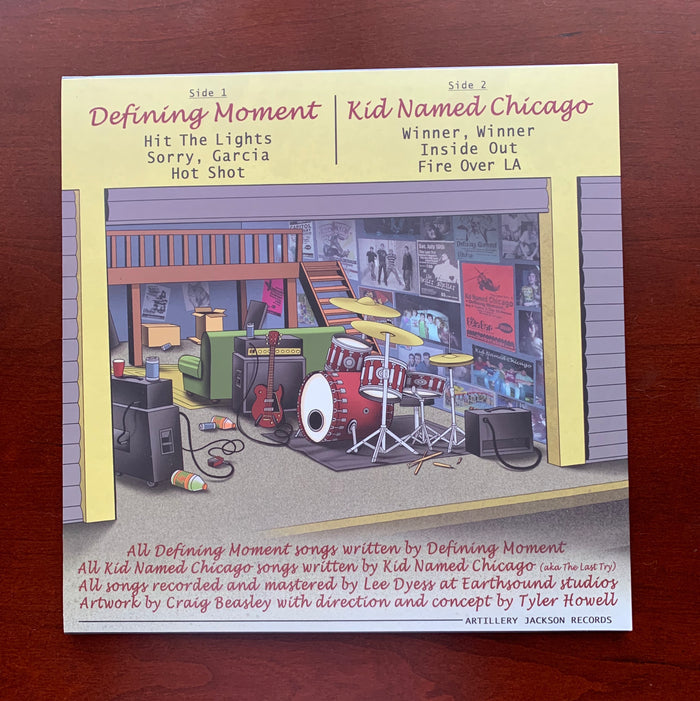 An illustrated DZRP album cover celebrates the Tallahassee music scene, featuring a garage with instruments. Song titles and credits are displayed on a red wood background, inspired by Mayday Parade’s limited edition vinyl style.