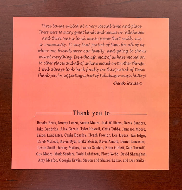 On pink-orange paper, DZRP’s Derek Sanders shares nostalgia for Tallahassee’s music scene. Below, 20+ names appear in two centered columns on this limited edition vinyl’s thank you section.