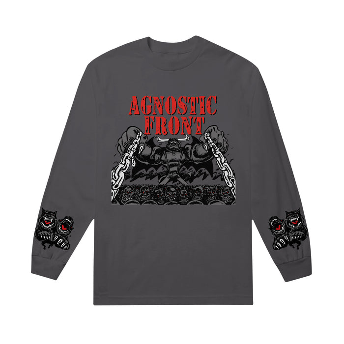 Agnostic Front long-sleeve shirt in dark gray with the band name in bold red above a graphic of chained fists breaking over skulls; both sleeves display snarling wolf heads with red eyes and bared teeth.