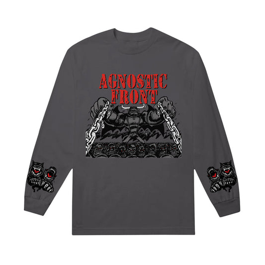Agnostic Front long-sleeve shirt in dark gray with the band name in bold red above a graphic of chained fists breaking over skulls; both sleeves display snarling wolf heads with red eyes and bared teeth.