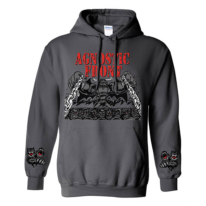Agnostic Front dark gray hoodie featuring the band name in bold red above chained fists breaking free, skulls and chains below, and red-eyed skulls printed on each sleeve near the cuffs.