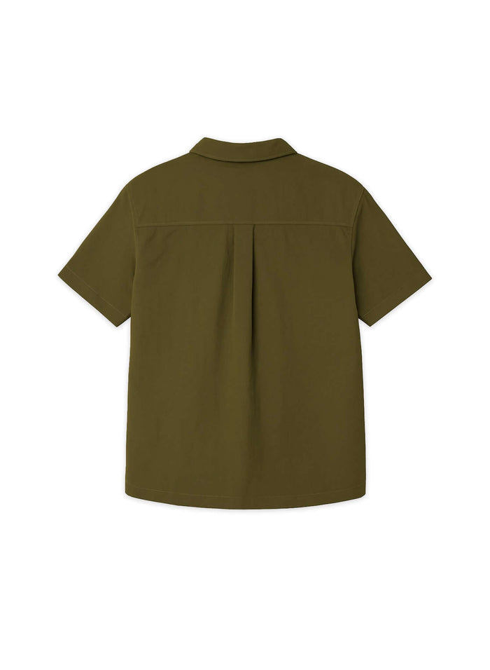 Back view of a designer short sleeve casual shirt in olive green color