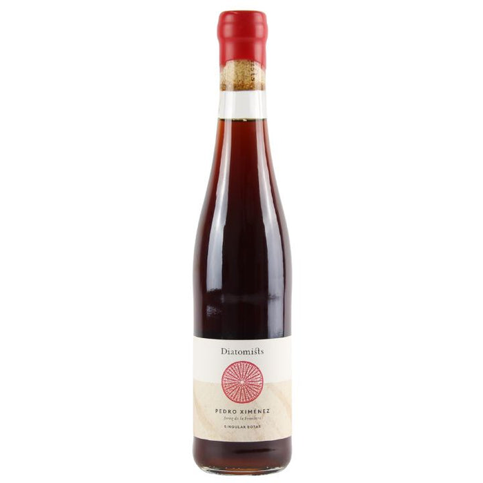 A bottle of Diatomists Pedro Ximenez Sherry with a red cap on a white label, indicating it is a 37.5cl bottle.