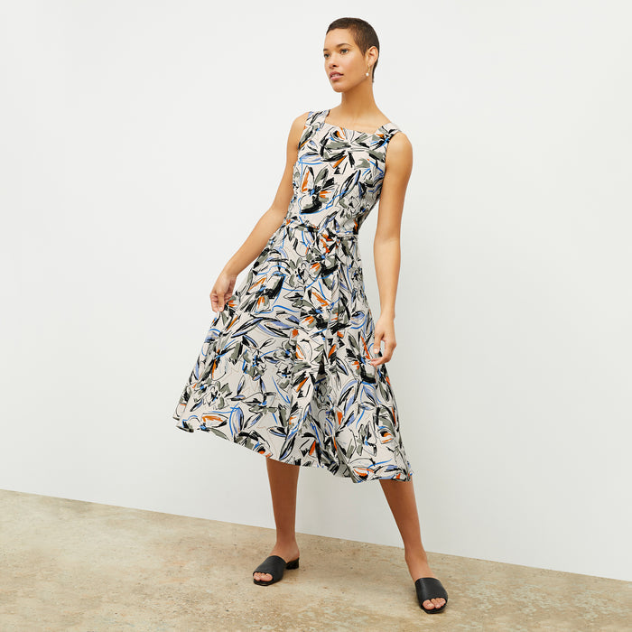 front image of a woman wearing the diemmy dress in sketchbook floral | Lead
