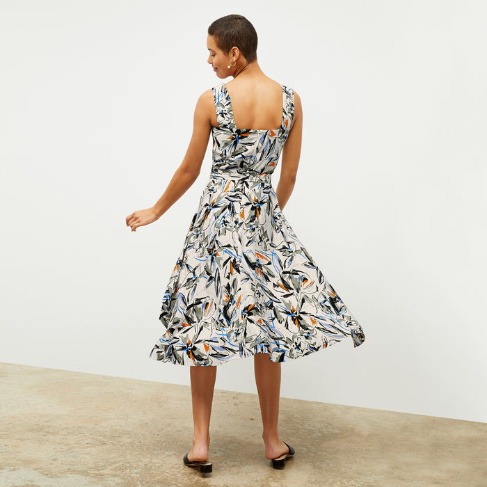 back image of a woman wearing the diemmy dress in sketchbook floral