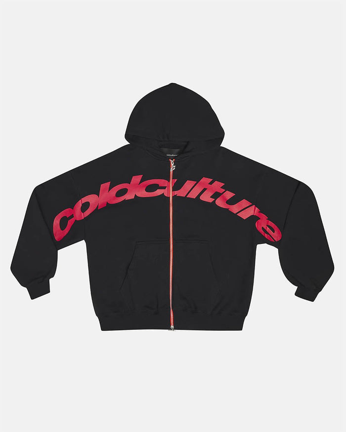 DRIVEN ZIP HOODIE BLACK - black oversized zip-up hoodie, front view - Cold Culture