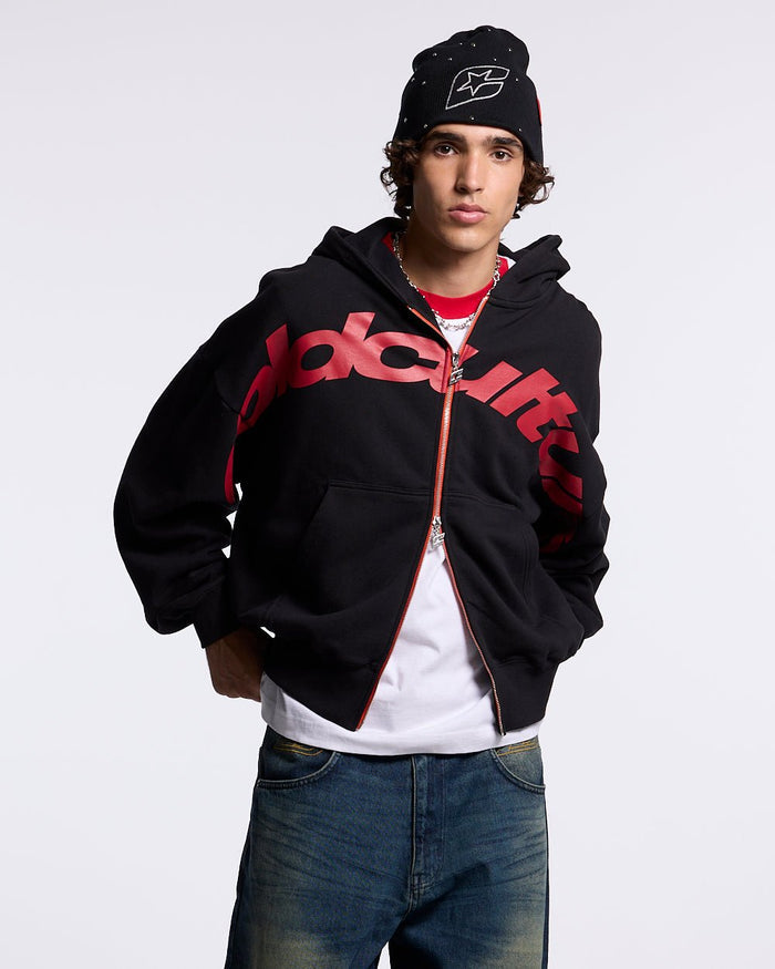 DRIVEN ZIP HOODIE BLACK - black oversized zip-up hoodie, front view on male model - Cold Culture #man