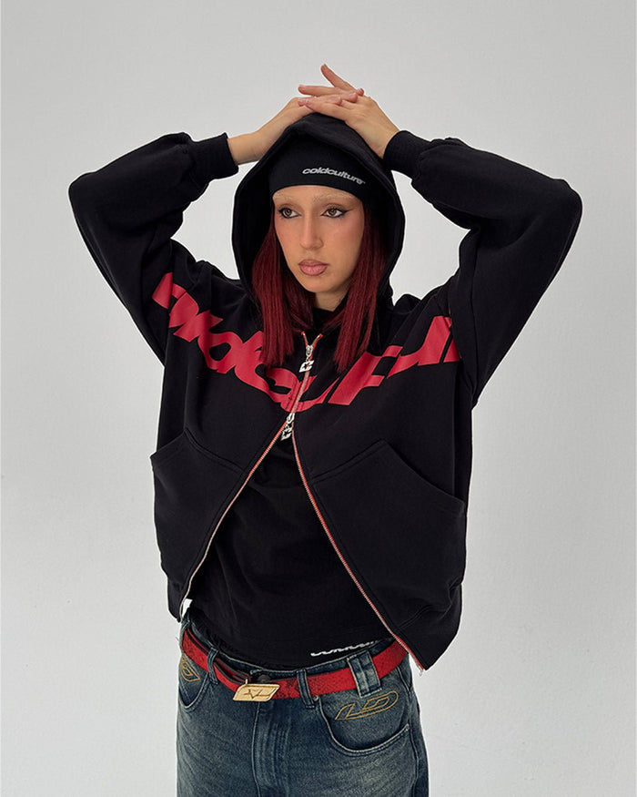 DRIVEN ZIP HOODIE BLACK - black oversized zip-up hoodie, front view on female model - Cold Culture