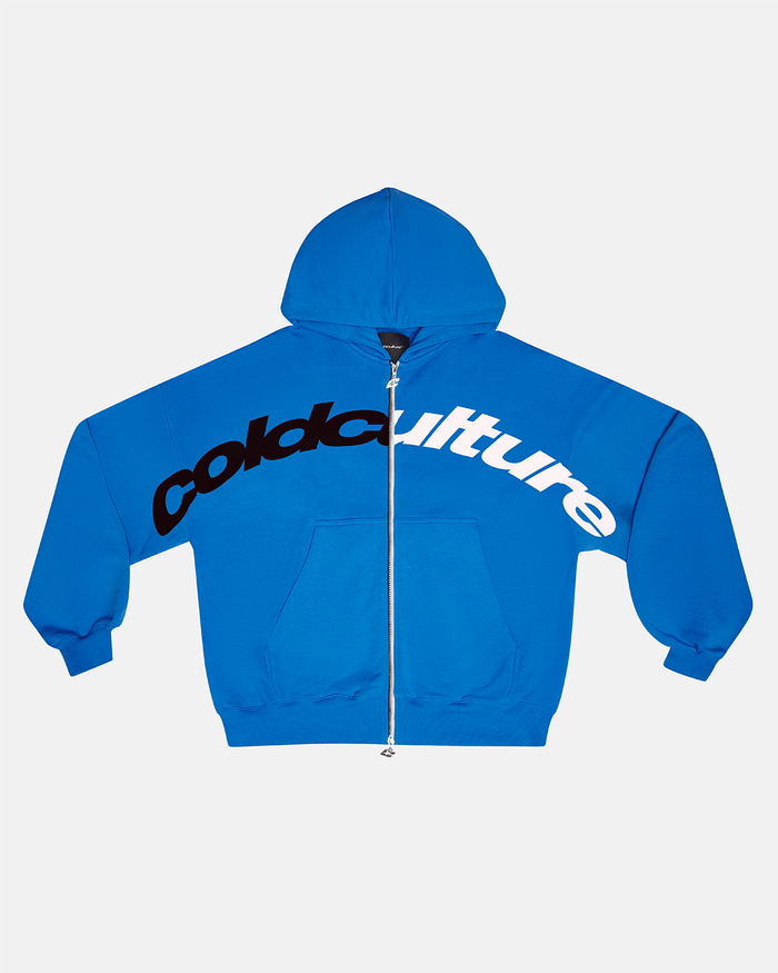 DRIVEN ZIP HOODIE BLUE - blue oversized zip-up hoodie, front view - Cold Culture