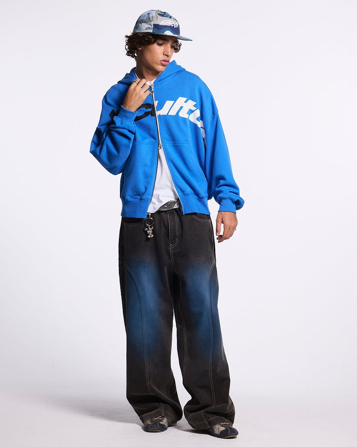 DRIVEN ZIP HOODIE BLUE - blue oversized zip-up hoodie, front view on male model - Cold Culture #man