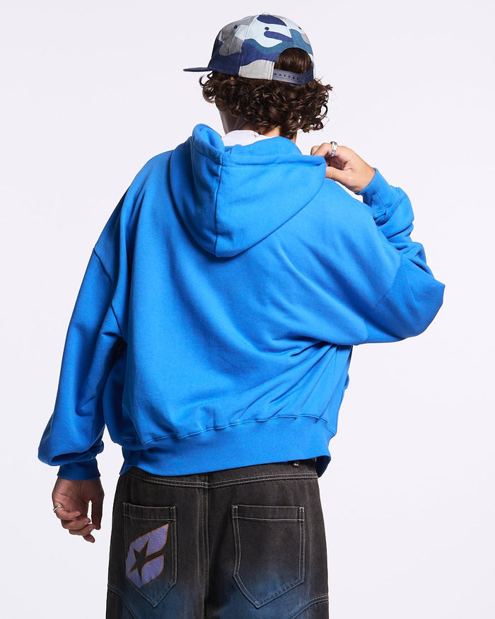 DRIVEN ZIP HOODIE BLUE - blue oversized zip-up hoodie, back view on male model - Cold Culture #man