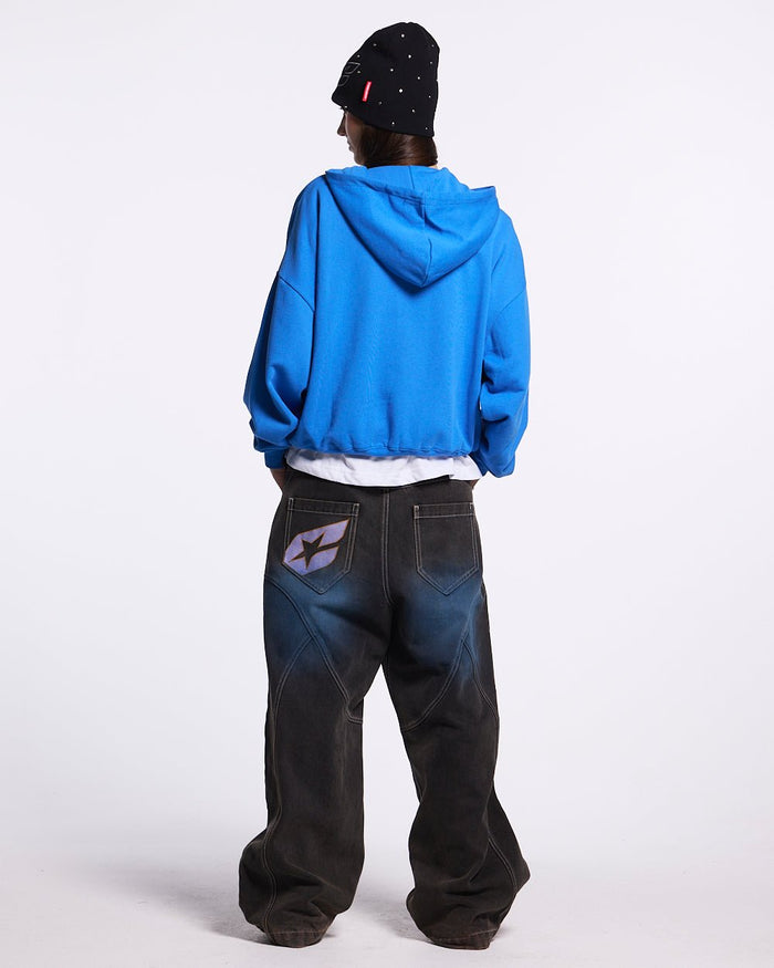 DRIVEN ZIP HOODIE BLUE - blue oversized zip-up hoodie, back view on female model - Cold Culture #woman