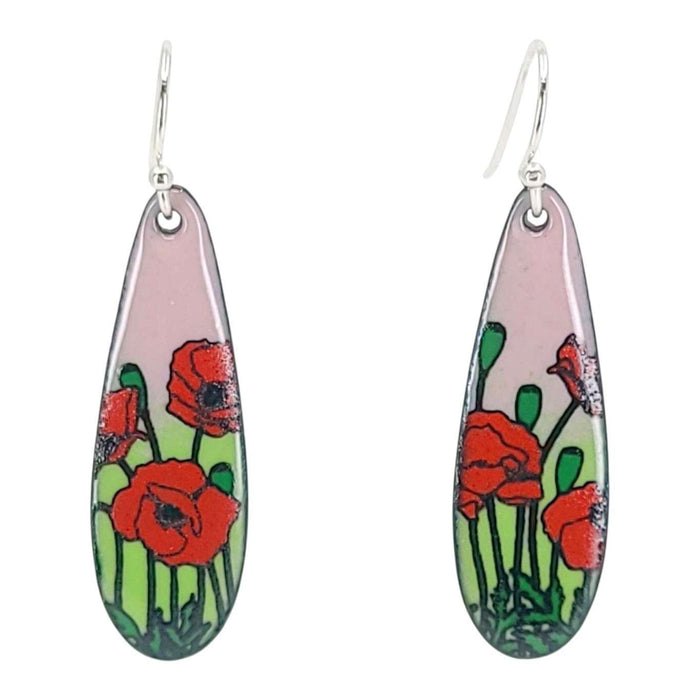 Earrings - Long Teardrop (Poppies on Pink Green) by Magpie Mouse