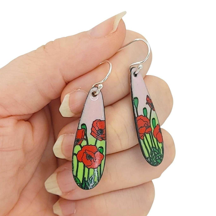 Earrings - Long Teardrop (Poppies on Pink Green) by Magpie Mouse