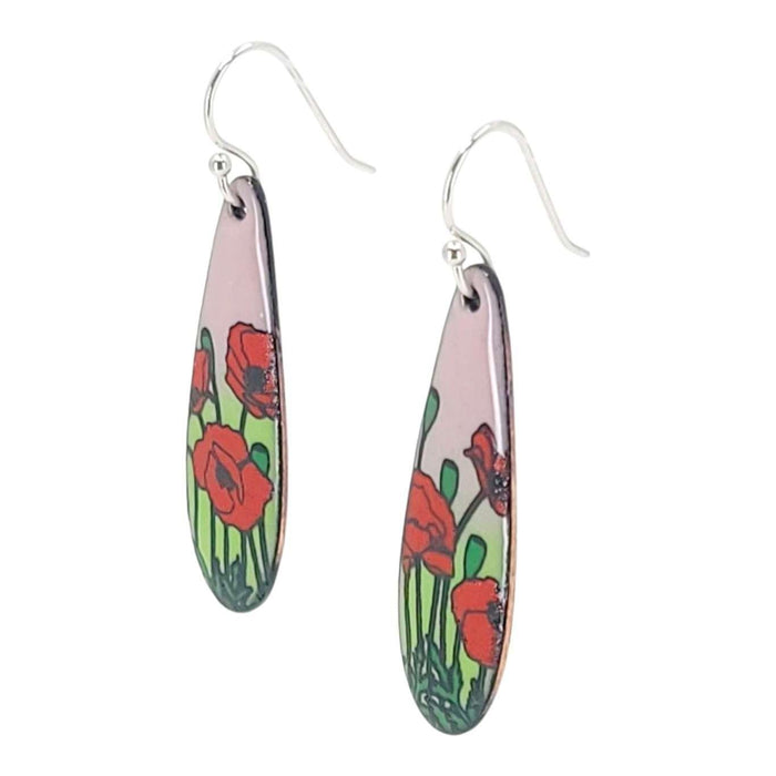 Earrings - Long Teardrop (Poppies on Pink Green) by Magpie Mouse