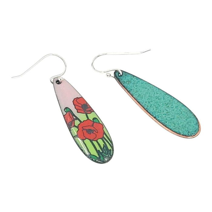 Earrings - Long Teardrop (Poppies on Pink Green) by Magpie Mouse