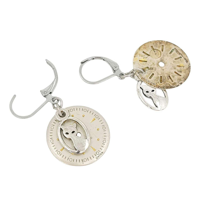 Earrings - Silver Cat Watch Dials by Christine Stoll Studio
