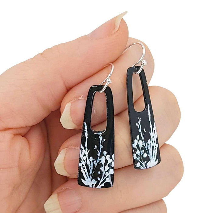 Earrings - Small Open Rectangle (Black White Botanical) by Magpie Mouse Studios