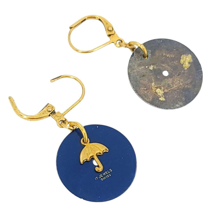 Earrings - Watch Dials - Gold Umbrella on Navy Round (GP Brass) by Christine Stoll