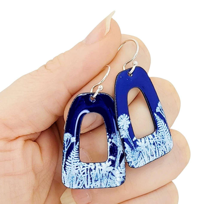 Earrings - Wide Open Rectangle (Blue White Botanical) by Magpie Mouse Studios