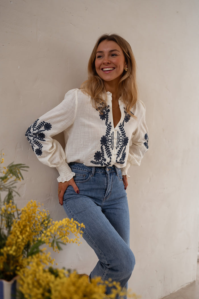 Ecru and Blue Embroidered Salome Blouse worn by model, full look