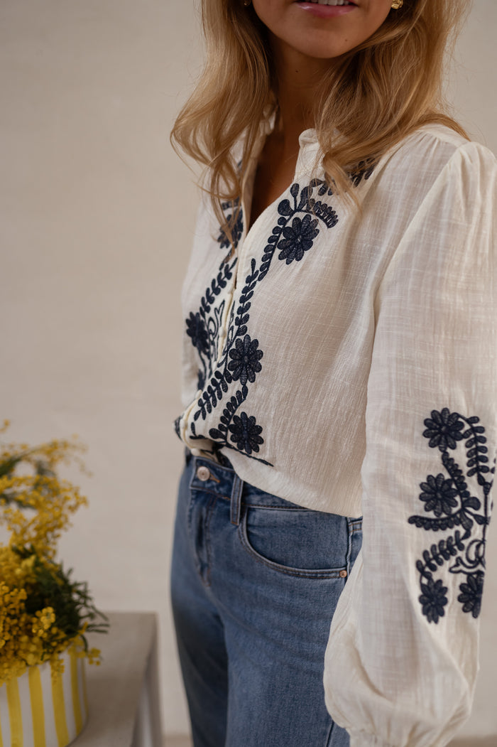 Ecru and Blue Embroidered Salome Blouse long sleeve detail