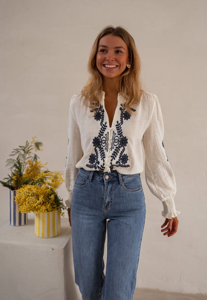 Ecru and Blue Embroidered Salome Blouse V-neckline detail