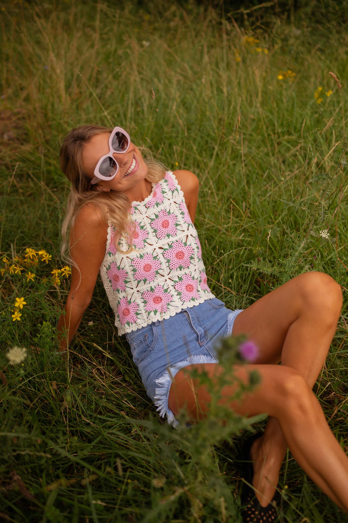 Ecru and pink Alisha crochet top, front view