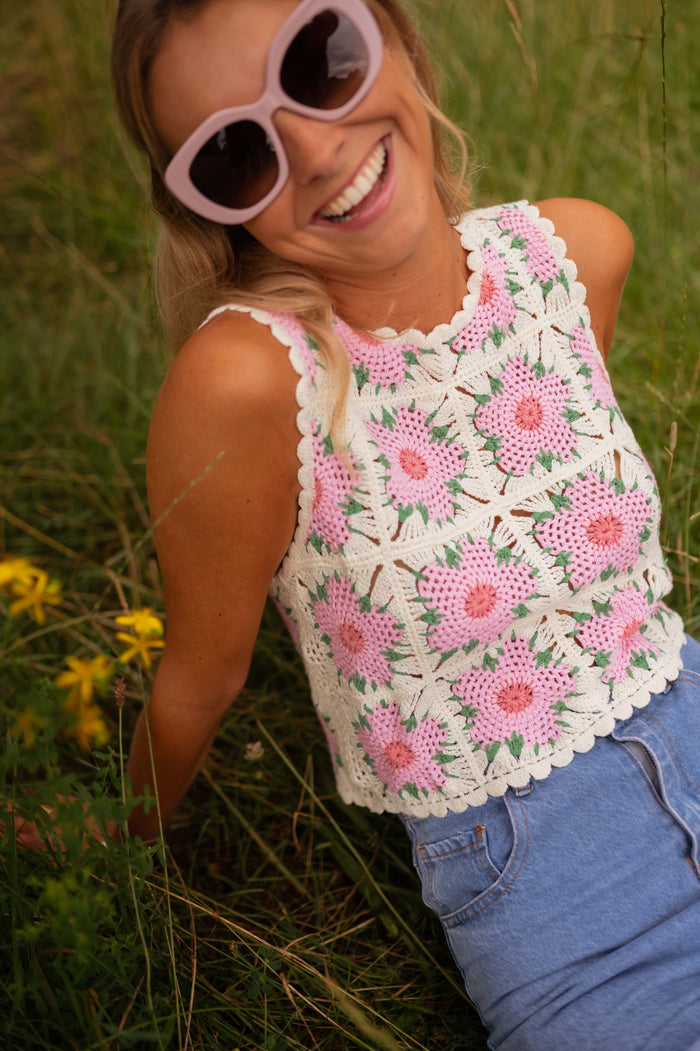 Ecru and pink Alisha top showing floral crochet detail