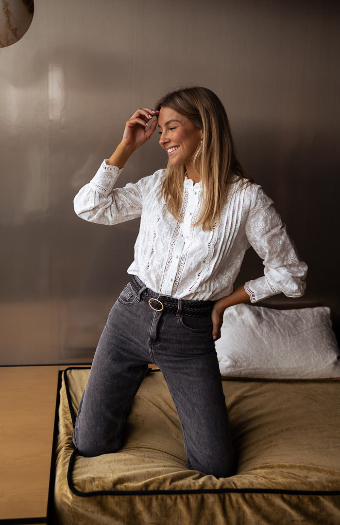 Ecru Pauly shirt styled with jeans