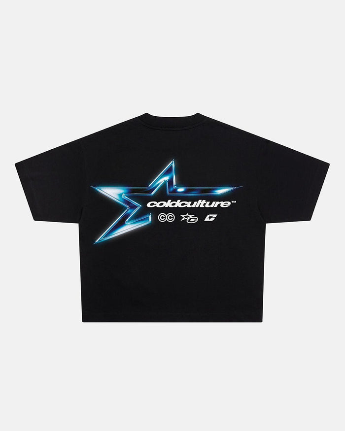 ELECTRIC SHINE TEE BLACK - black graphic print tee, back view - Cold Culture