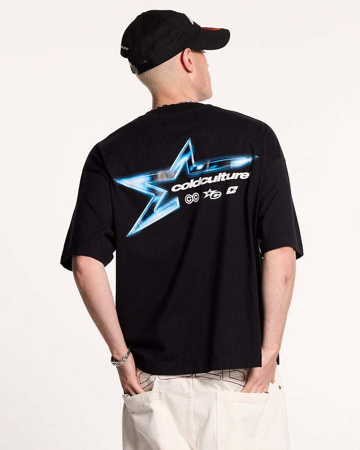 ELECTRIC SHINE TEE BLACK - black graphic print tee, back view on male model - Cold Culture #man