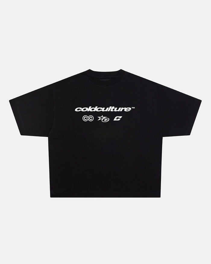ELECTRIC SHINE TEE BLACK - black graphic print tee, front view - Cold Culture