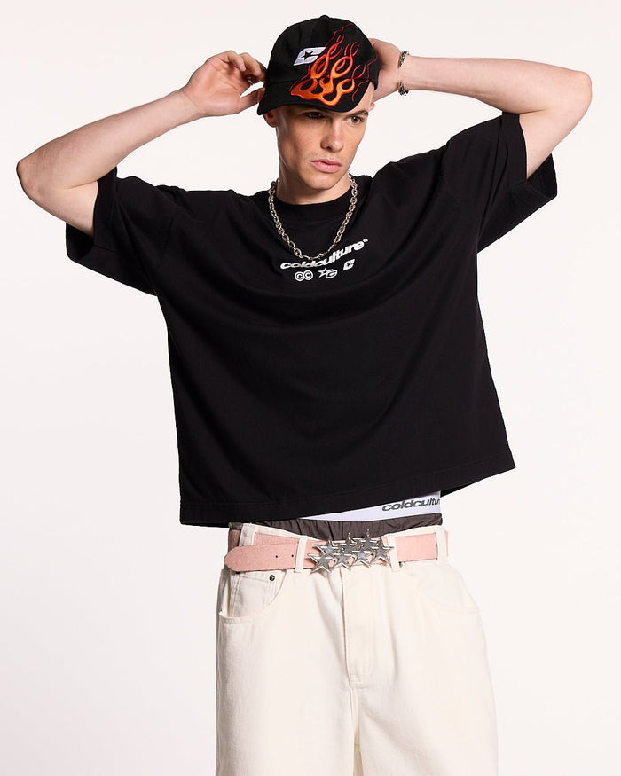 ELECTRIC SHINE TEE BLACK - black graphic print tee, front view on male model - Cold Culture #man
