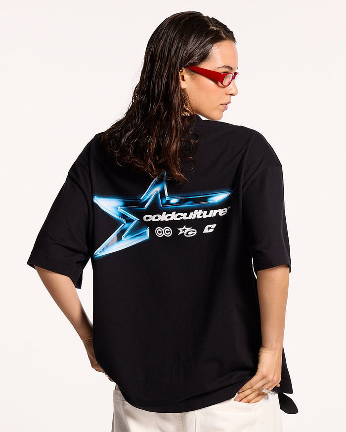 ELECTRIC SHINE TEE BLACK - black graphic print tee, back view on female model - Cold Culture #woman