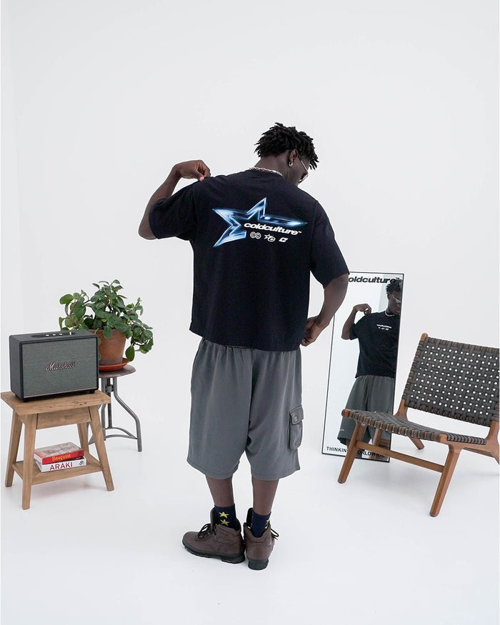 ELECTRIC SHINE TEE BLACK - black graphic print tee, street style shot - Cold Culture
