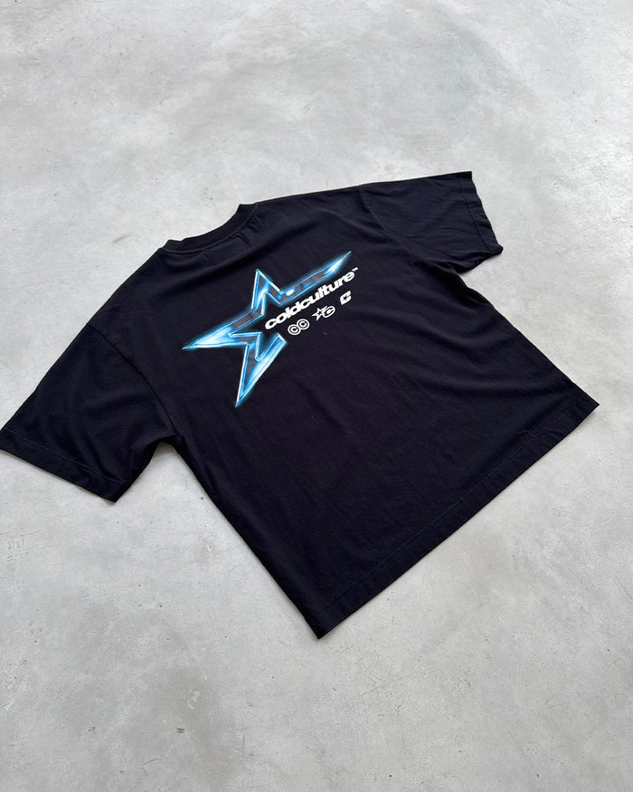 ELECTRIC SHINE TEE BLACK - black graphic print tee, flat lay - Cold Culture