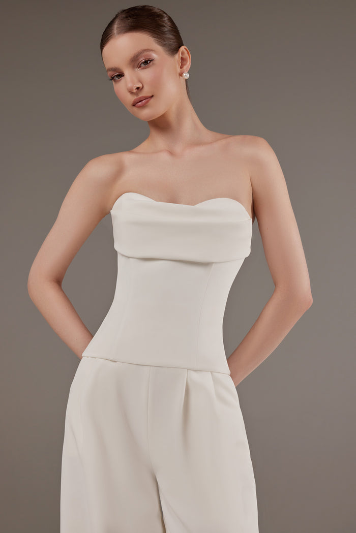 Elegant White Crepe Strapless Draped Corset Top Leonora