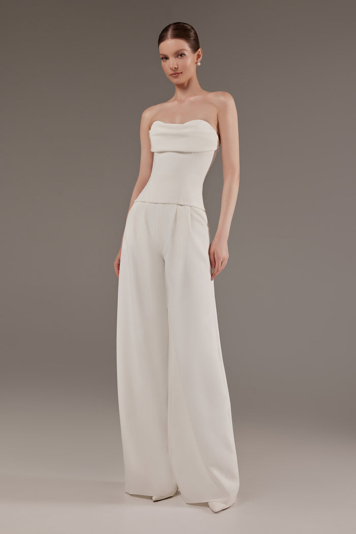 Elegant White Crepe Strapless Draped Corset Top Leonora